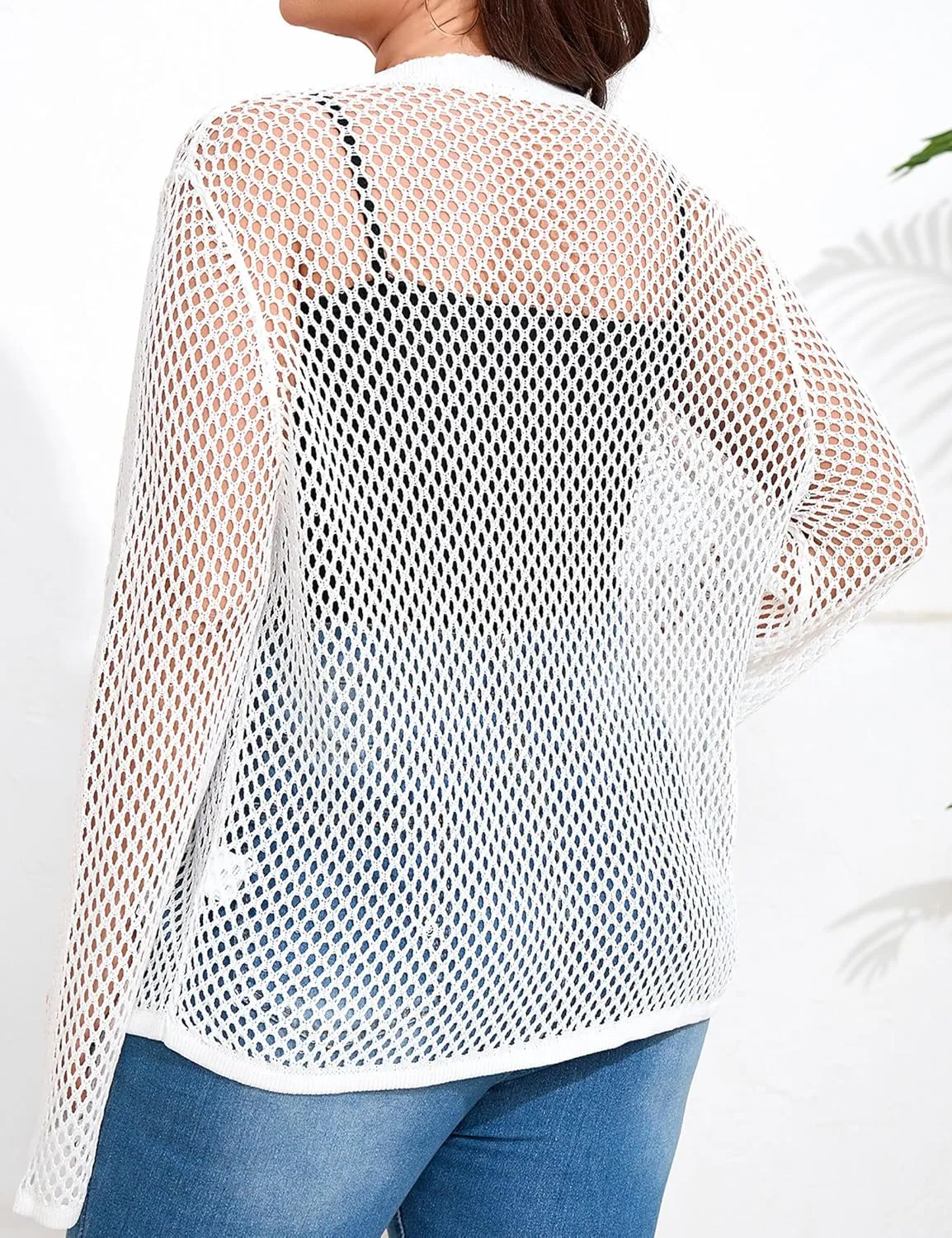 Womens Plus Size Crochet Cardigan Sweater Hollow Out Long Sleeve Open Front Cardigans V Neck Knitted Sweater