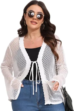Womens Plus Size Crochet Cardigan Sweater Hollow Out Long Sleeve Open Front Cardigans V Neck Knitted Sweater