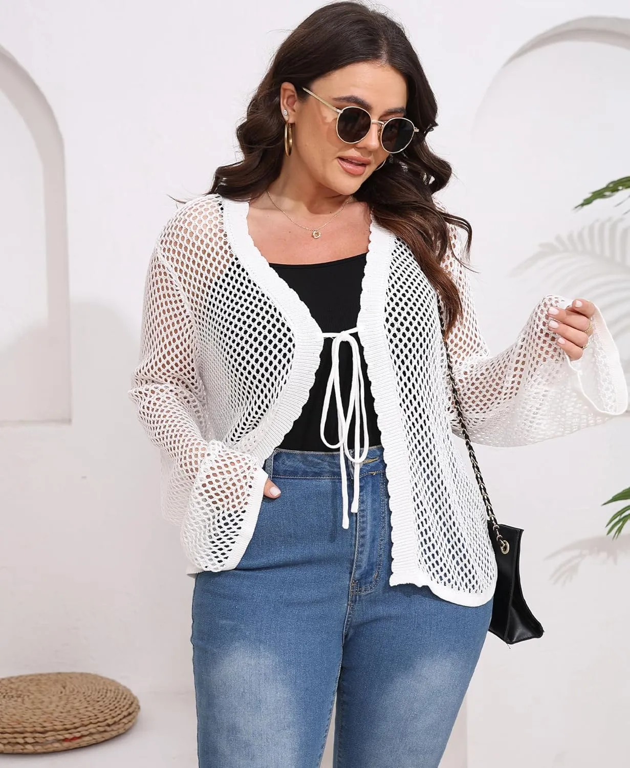 Womens Plus Size Crochet Cardigan Sweater Hollow Out Long Sleeve Open Front Cardigans V Neck Knitted Sweater