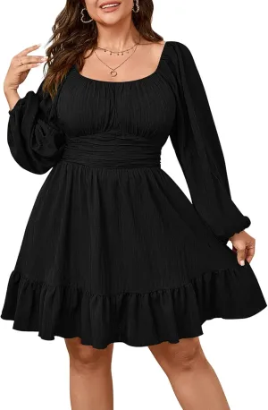 Womens Plus Size Dress Casual Long Lantern Sleeve Square Neck Textured Ruffle Flowy Ruched A-Line Mini Dresses for Women
