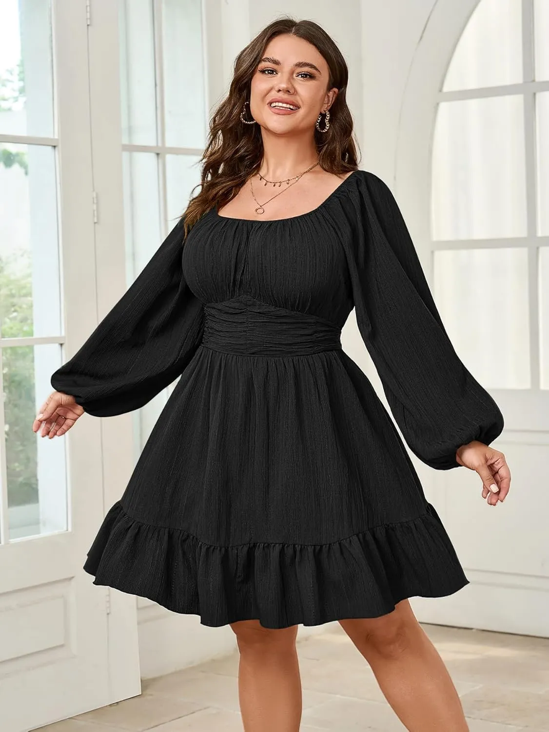 Womens Plus Size Dress Casual Long Lantern Sleeve Square Neck Textured Ruffle Flowy Ruched A-Line Mini Dresses for Women