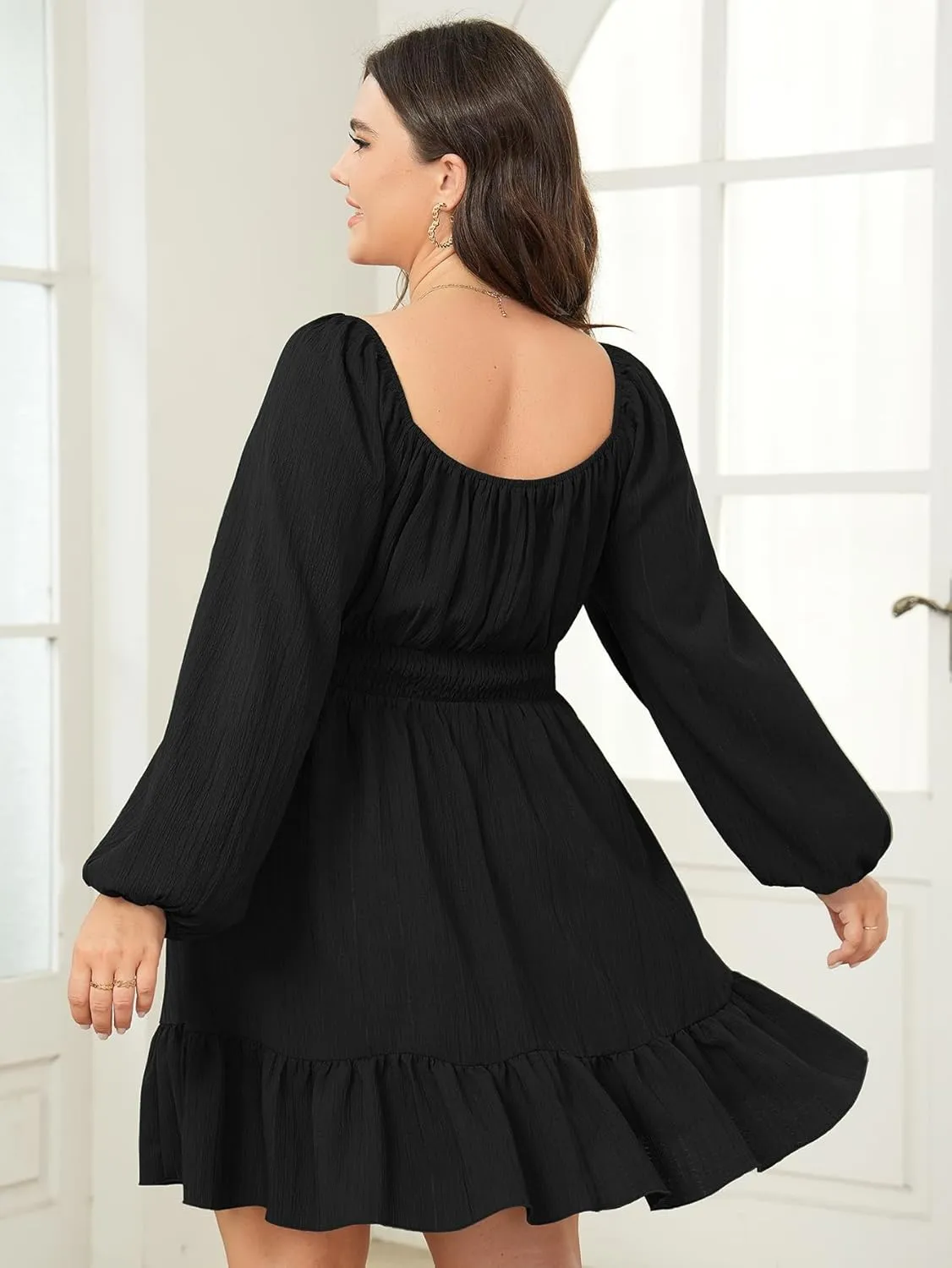 Womens Plus Size Dress Casual Long Lantern Sleeve Square Neck Textured Ruffle Flowy Ruched A-Line Mini Dresses for Women