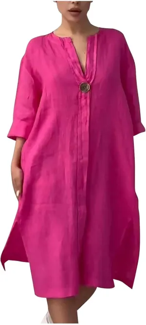 Womens Plus Size Linen Midi Dresses Summer Spring Long Sleeve Casual Button Elegant Formal Knee Length Dress