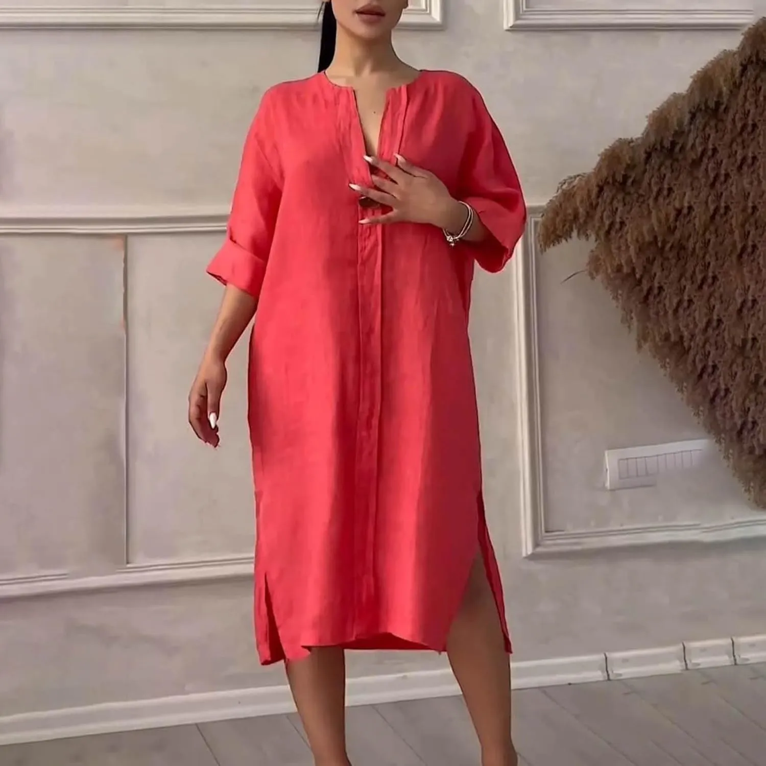 Womens Plus Size Linen Midi Dresses Summer Spring Long Sleeve Casual Button Elegant Formal Knee Length Dress