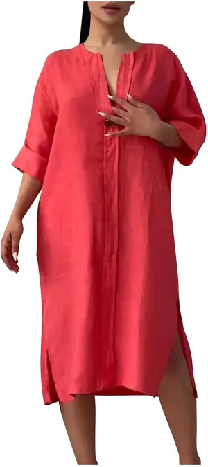 Womens Plus Size Linen Midi Dresses Summer Spring Long Sleeve Casual Button Elegant Formal Knee Length Dress