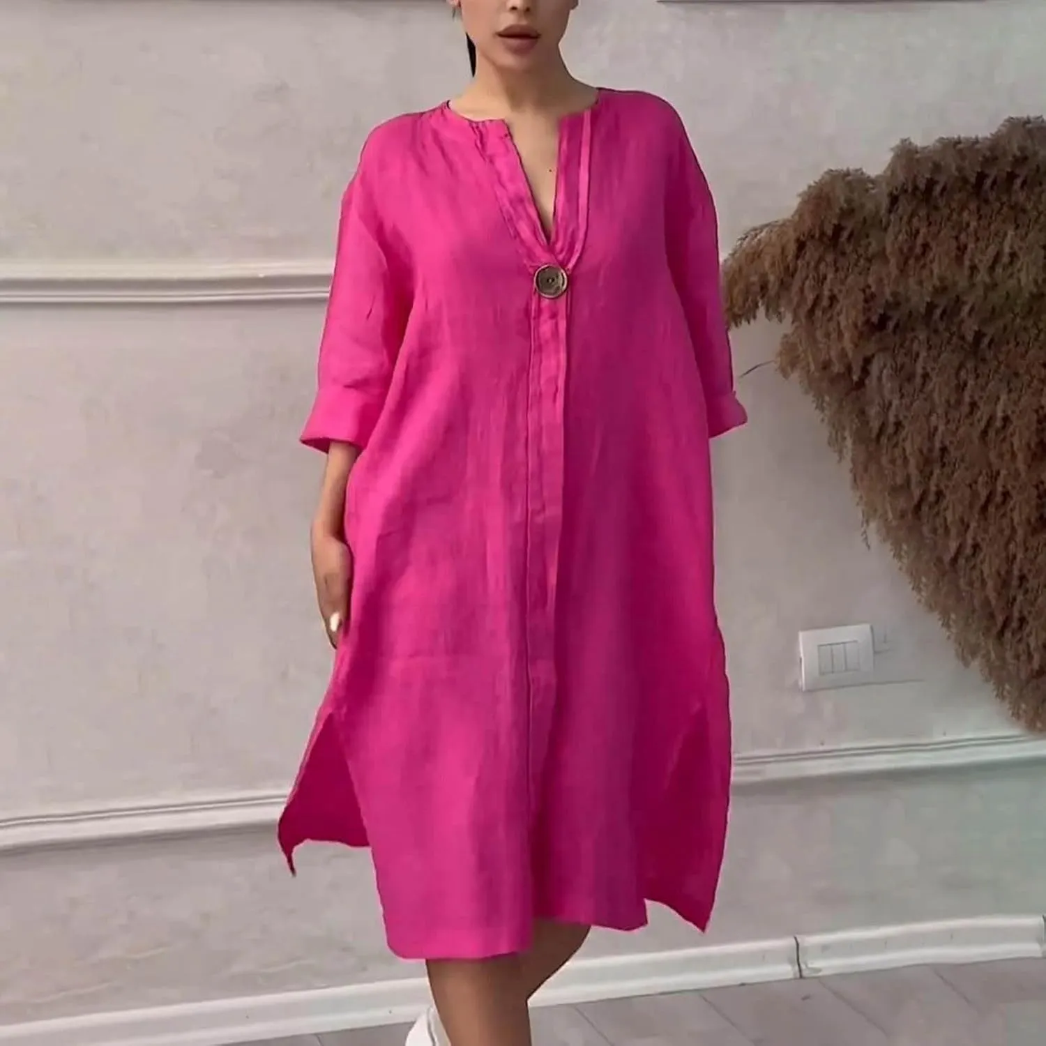 Womens Plus Size Linen Midi Dresses Summer Spring Long Sleeve Casual Button Elegant Formal Knee Length Dress