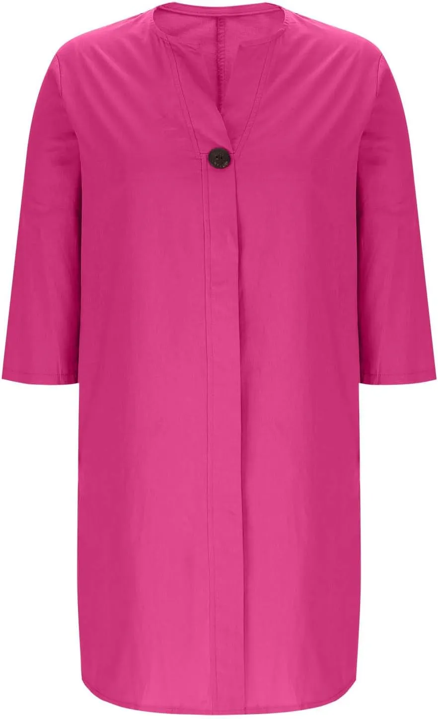 Womens Plus Size Linen Midi Dresses Summer Spring Long Sleeve Casual Button Elegant Formal Knee Length Dress