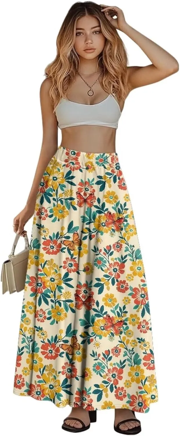 Womens Plus Size Maxi Skirt Casual High Waist Pleated Long Skirts 2024 with Pockets Ankle Length Flowy Swing