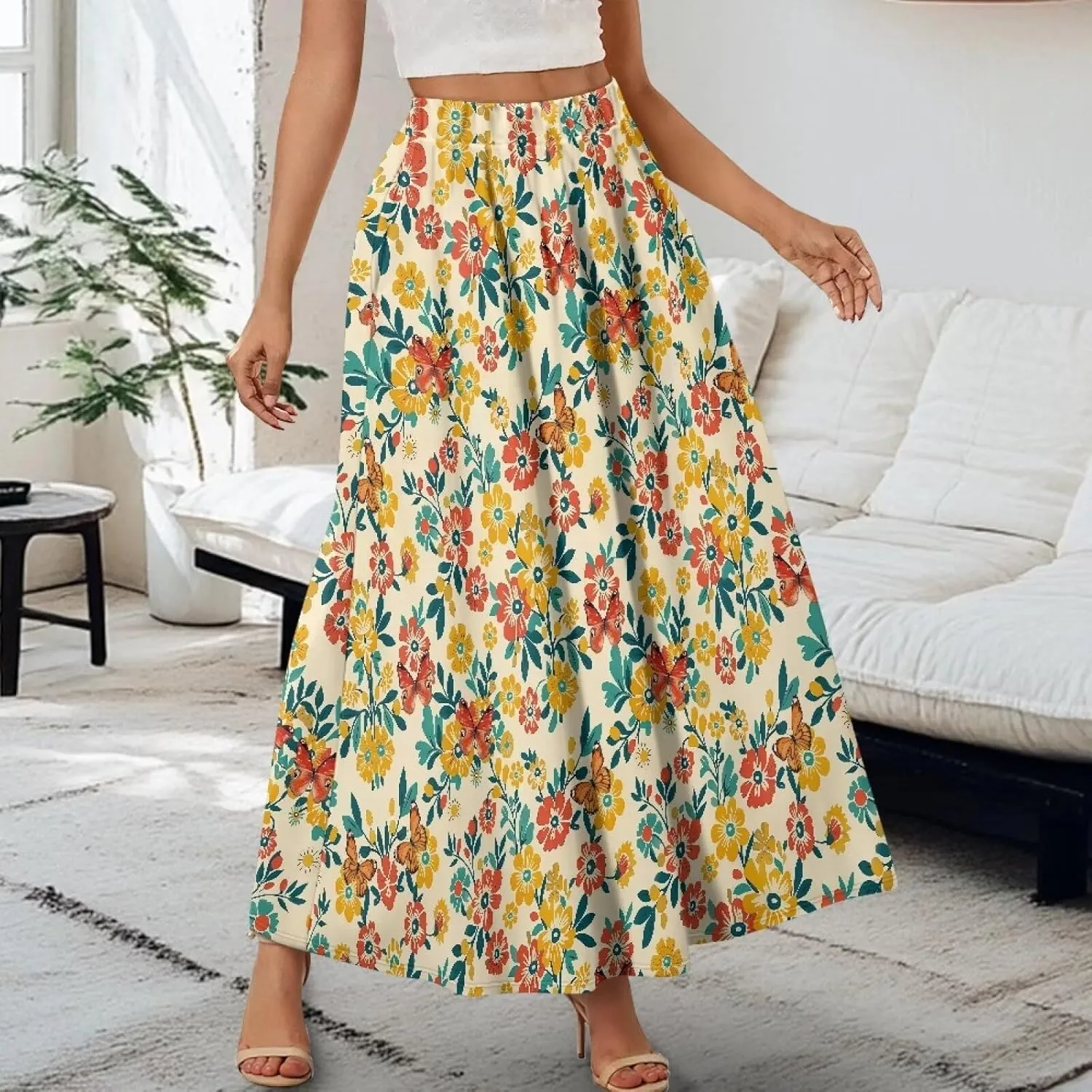 Womens Plus Size Maxi Skirt Casual High Waist Pleated Long Skirts 2024 with Pockets Ankle Length Flowy Swing