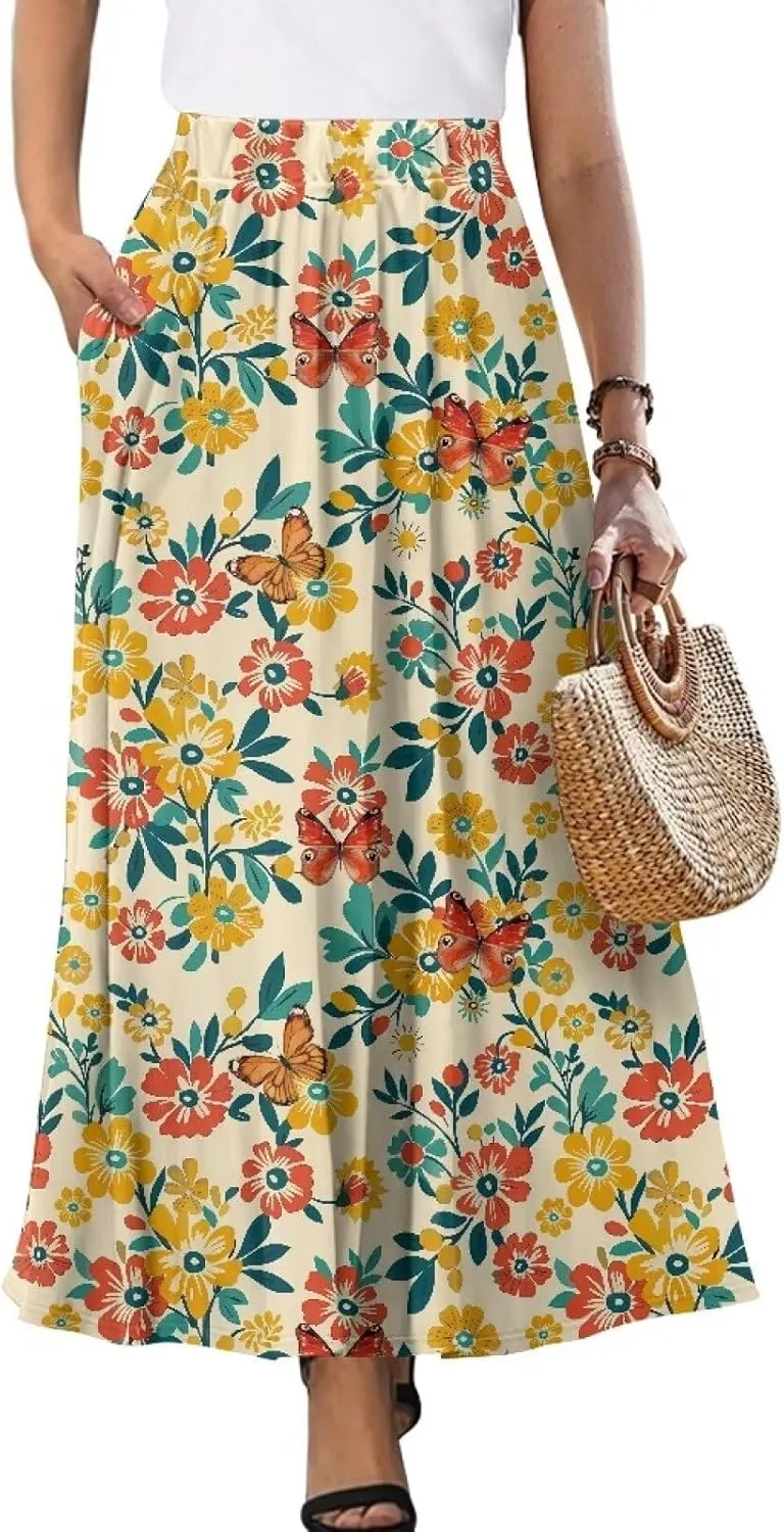 Womens Plus Size Maxi Skirt Casual High Waist Pleated Long Skirts 2024 with Pockets Ankle Length Flowy Swing