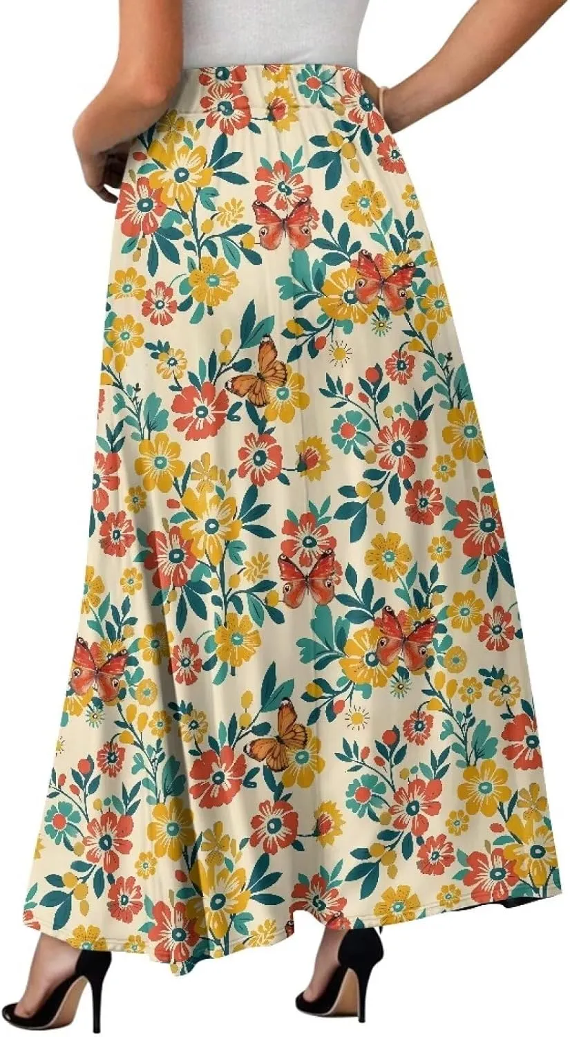 Womens Plus Size Maxi Skirt Casual High Waist Pleated Long Skirts 2024 with Pockets Ankle Length Flowy Swing