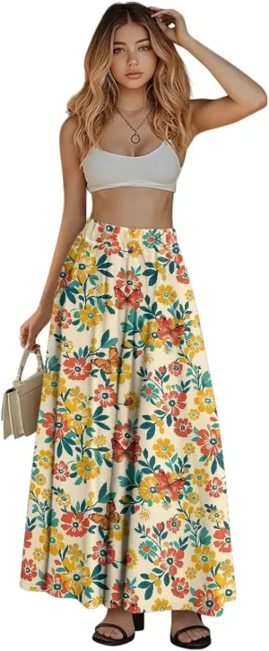 Womens Plus Size Maxi Skirt Casual High Waist Pleated Long Skirts 2024 with Pockets Ankle Length Flowy Swing