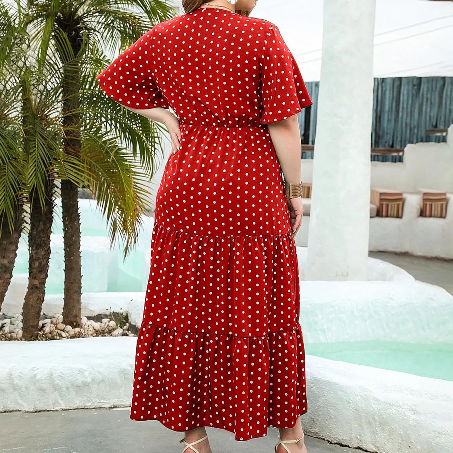 Women's Plus Size Ruffle Short Sleeve Swing Dress V Neck Summer Boho Beach Dresses Casual A-Line Midi Dress