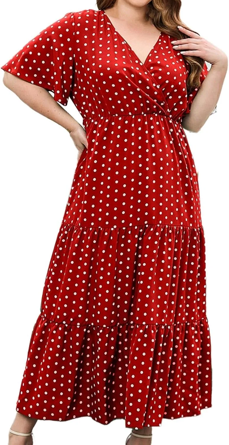 Women's Plus Size Ruffle Short Sleeve Swing Dress V Neck Summer Boho Beach Dresses Casual A-Line Midi Dress