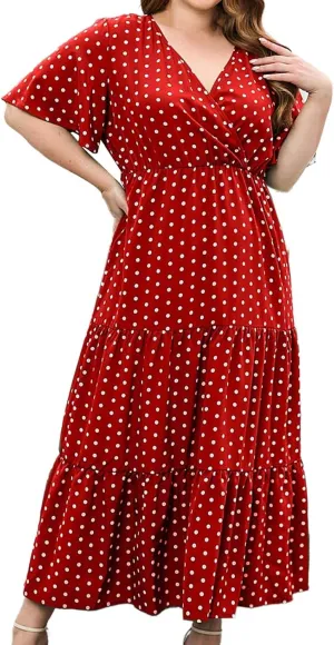 Women's Plus Size Ruffle Short Sleeve Swing Dress V Neck Summer Boho Beach Dresses Casual A-Line Midi Dress