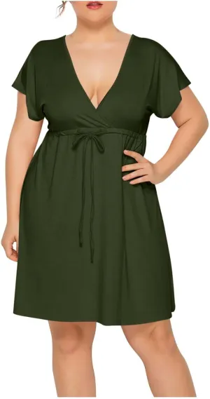 Womens Plus Size Wrap V Neck Dress Short Sleeve A-Line Midi Casual Dresses Tie Waist Loose Flowy Summer Dress