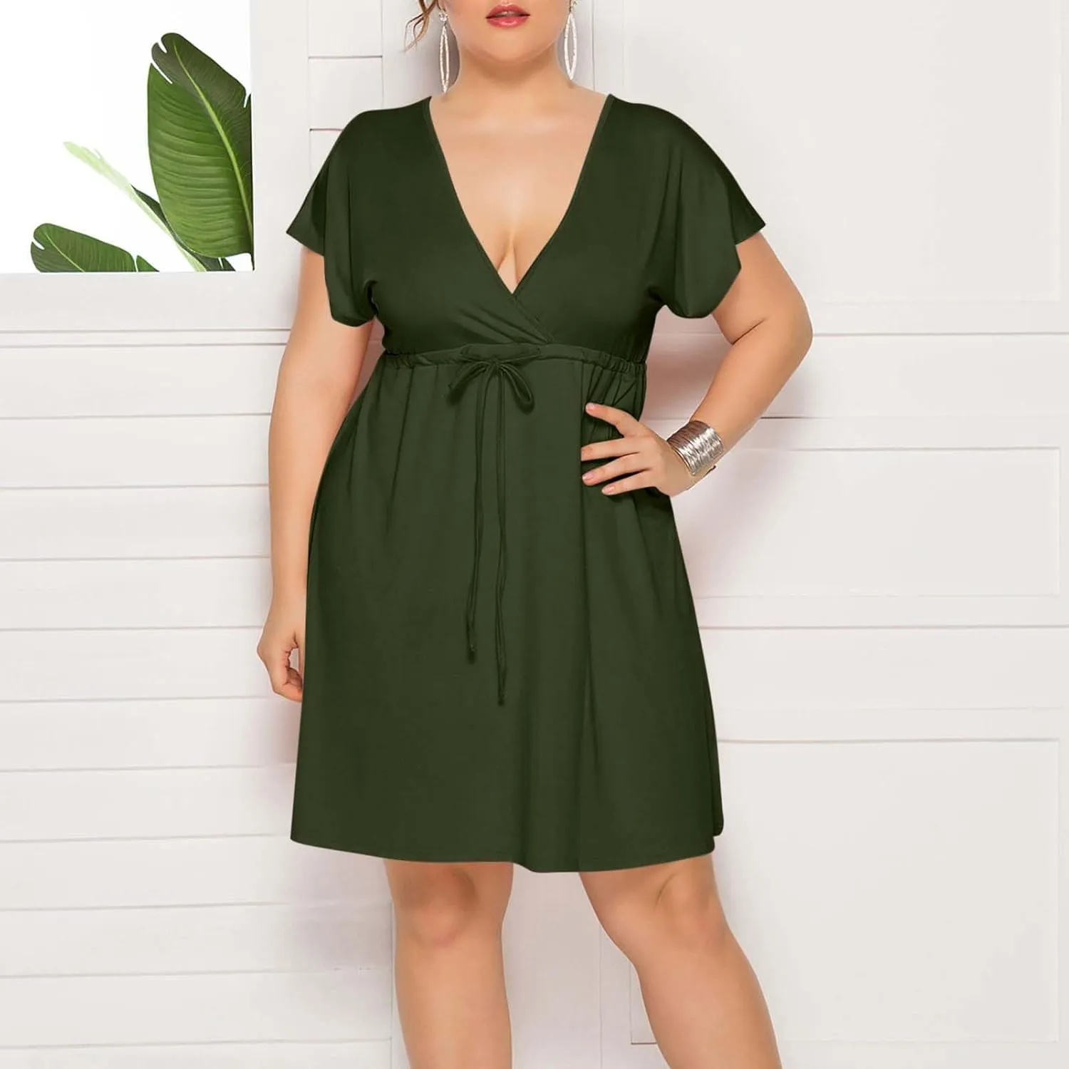 Womens Plus Size Wrap V Neck Dress Short Sleeve A-Line Midi Casual Dresses Tie Waist Loose Flowy Summer Dress