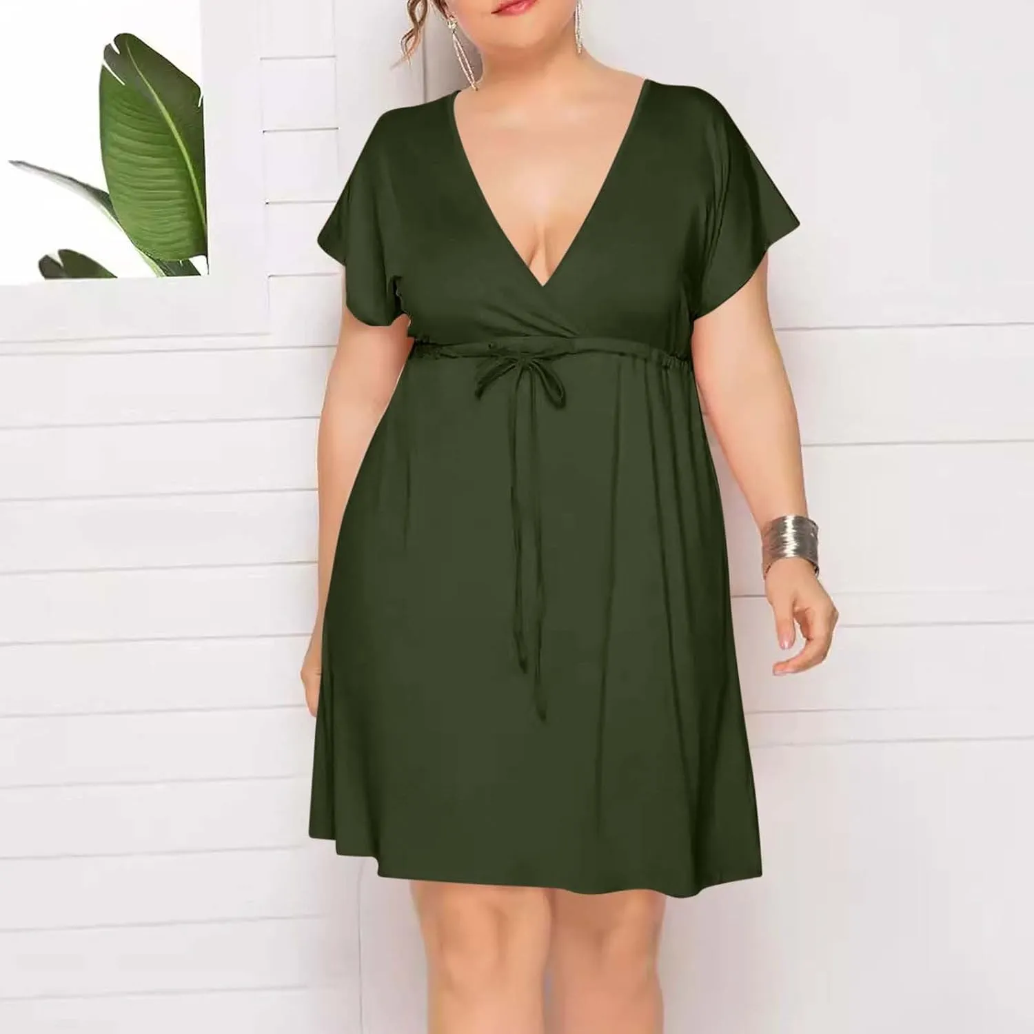 Womens Plus Size Wrap V Neck Dress Short Sleeve A-Line Midi Casual Dresses Tie Waist Loose Flowy Summer Dress