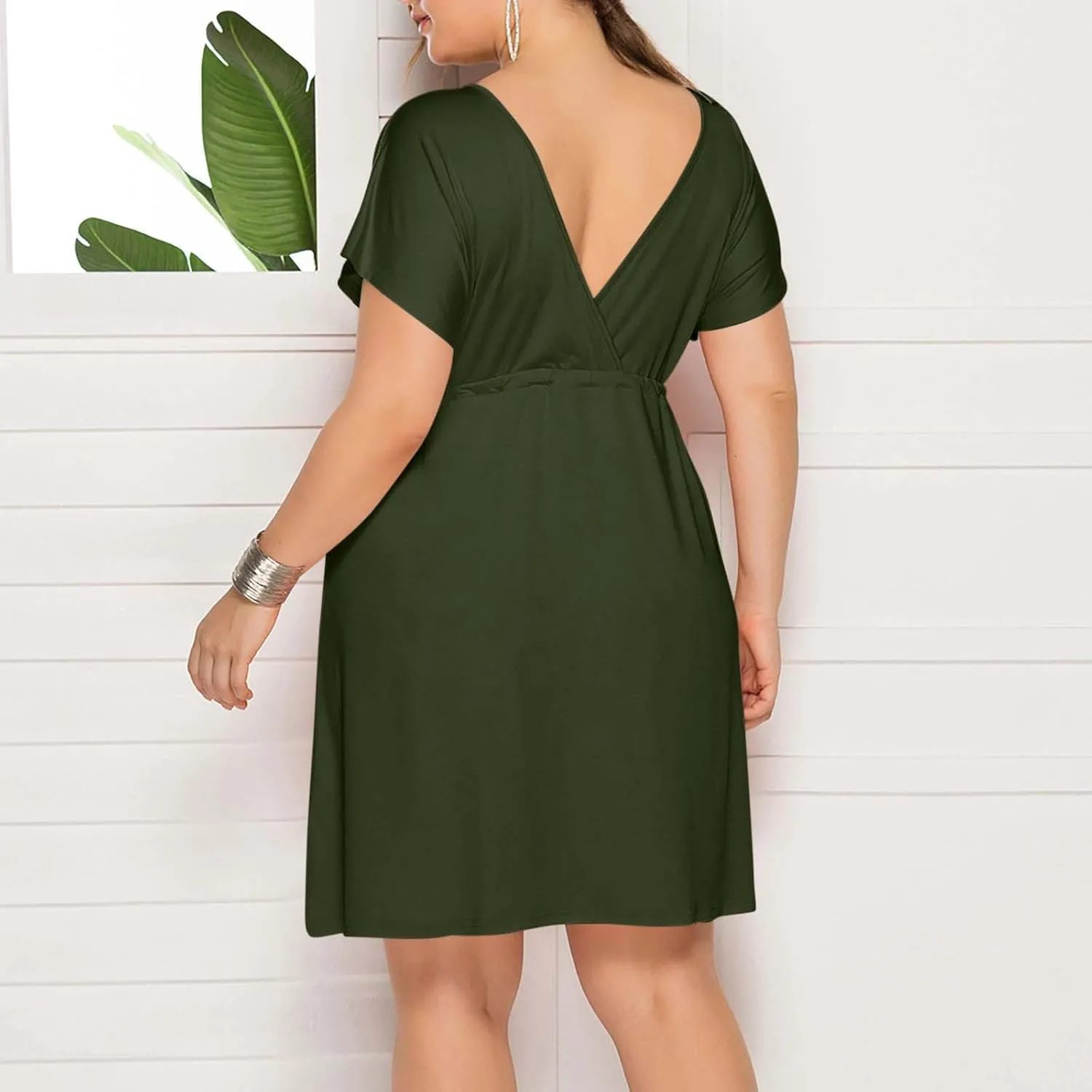 Womens Plus Size Wrap V Neck Dress Short Sleeve A-Line Midi Casual Dresses Tie Waist Loose Flowy Summer Dress