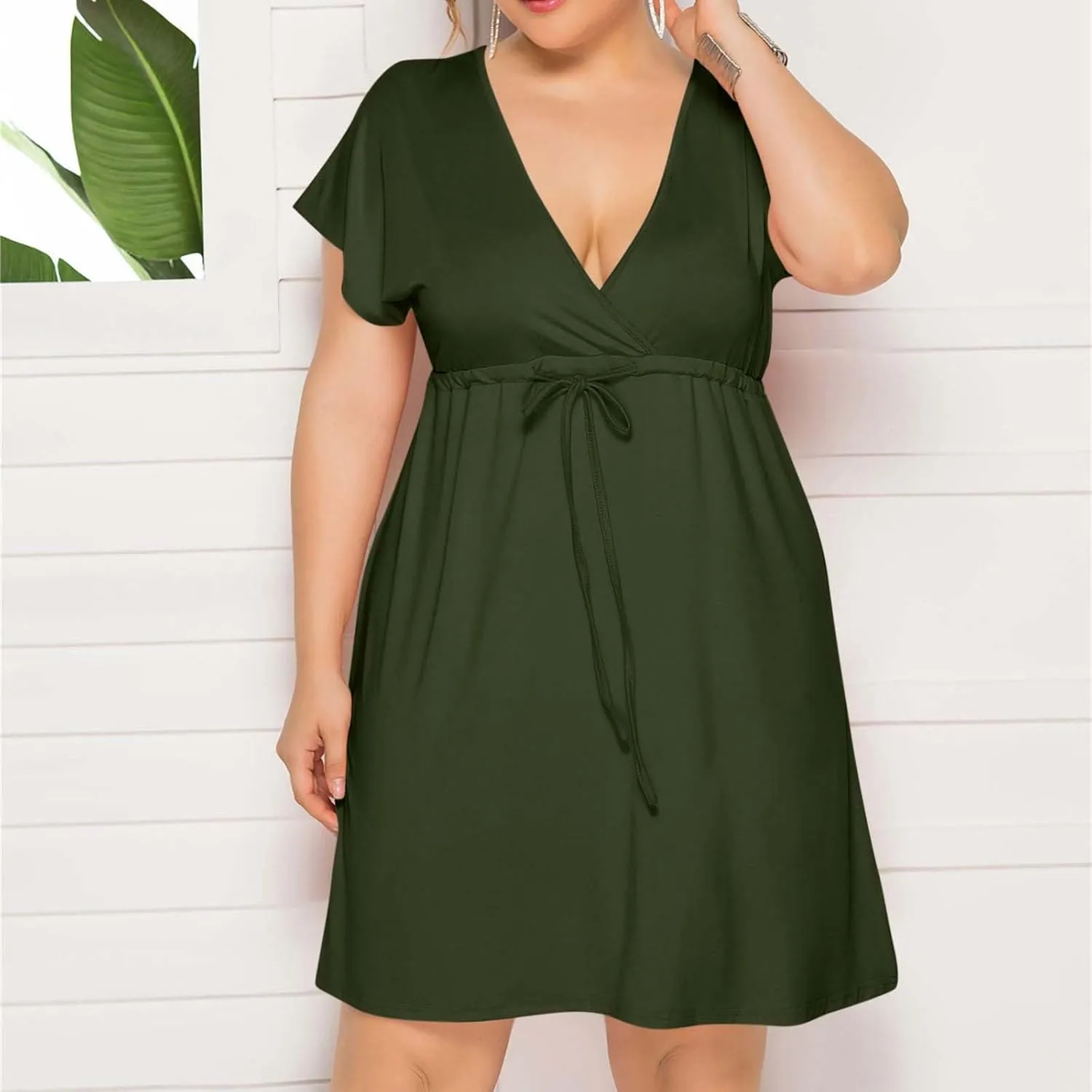 Womens Plus Size Wrap V Neck Dress Short Sleeve A-Line Midi Casual Dresses Tie Waist Loose Flowy Summer Dress