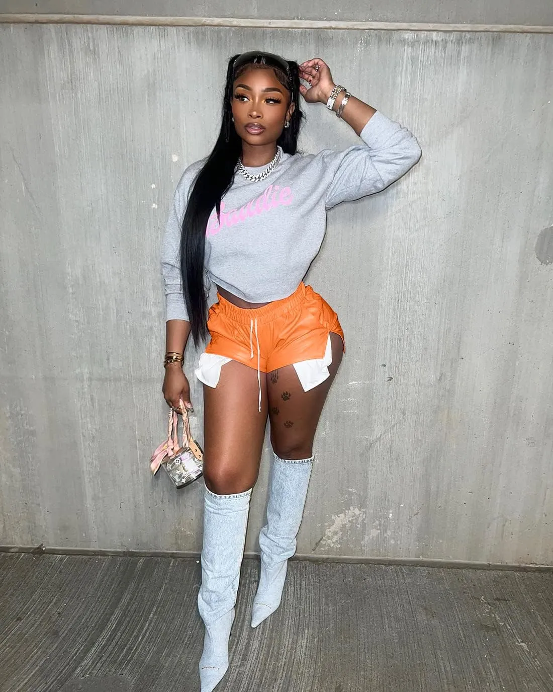 Women's PU Leather Shorts Sexy Side Slit Drawstring Disco Short Hot Pants with Pockets