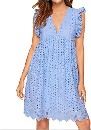 Women's Ruffle Sleeve Mini Dress Summer V Neck Hollow Out Eyelet Embroidery Pleated A Line Swing Short Dresses