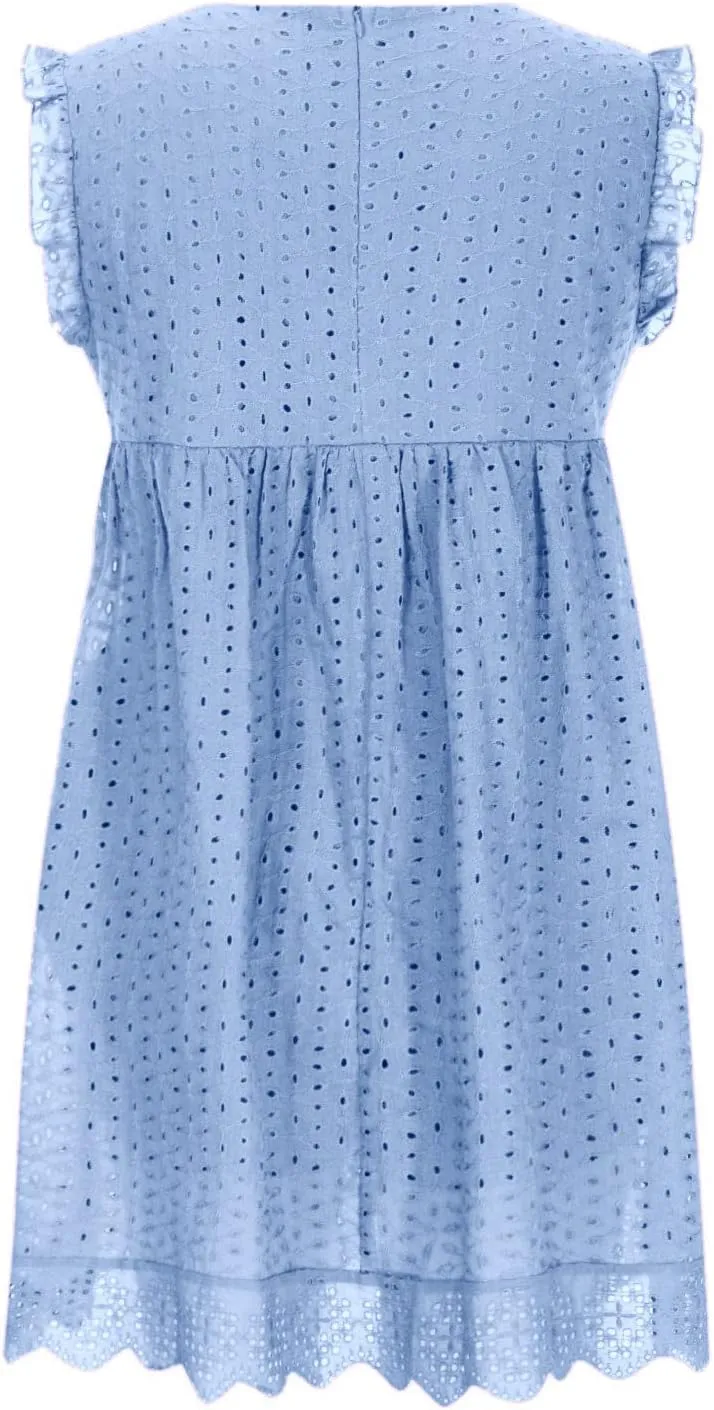 Women's Ruffle Sleeve Mini Dress Summer V Neck Hollow Out Eyelet Embroidery Pleated A Line Swing Short Dresses