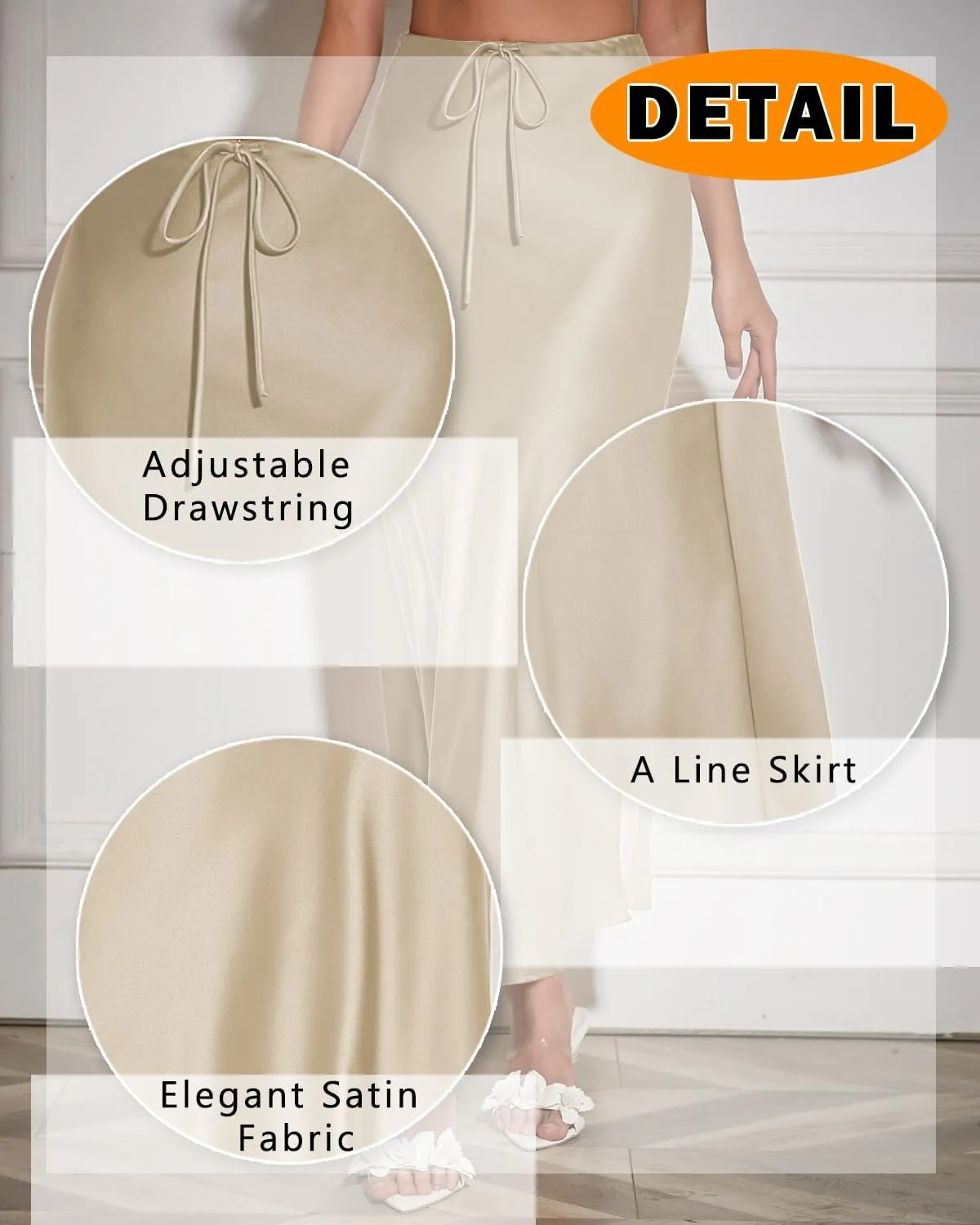 Women's Satin Maxi Skirts Drawstring High Waist Silk Elegant Flowy Casual A-Line Long Skirt for Women