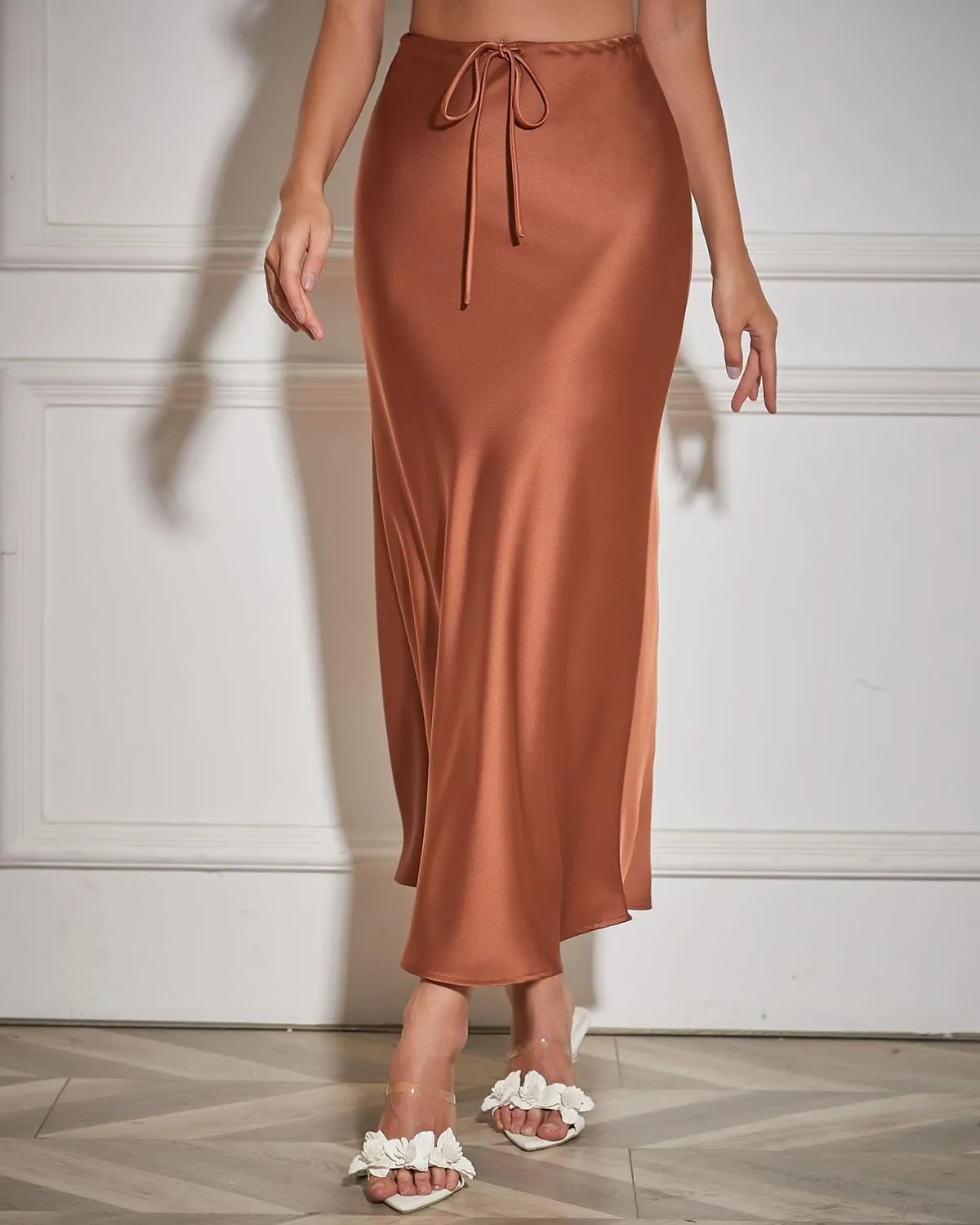 Women's Satin Maxi Skirts Drawstring High Waist Silk Elegant Flowy Casual A-Line Long Skirt for Women