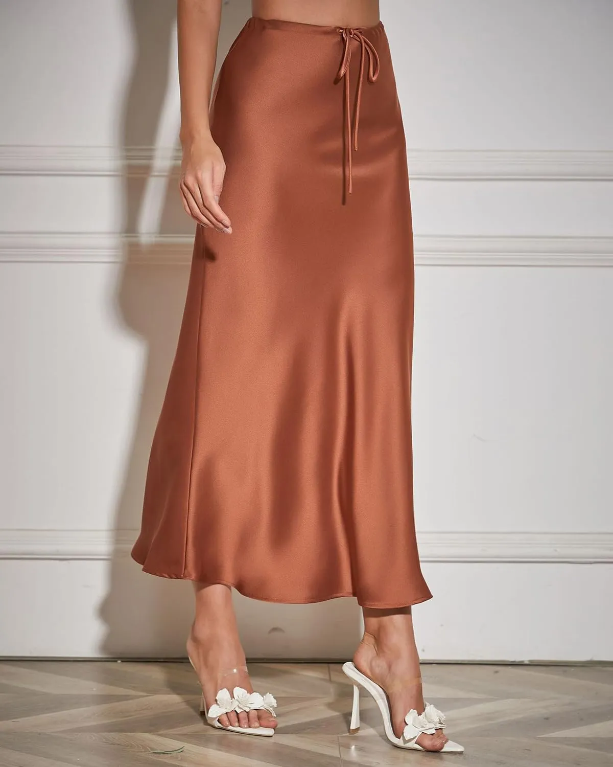 Women's Satin Maxi Skirts Drawstring High Waist Silk Elegant Flowy Casual A-Line Long Skirt for Women