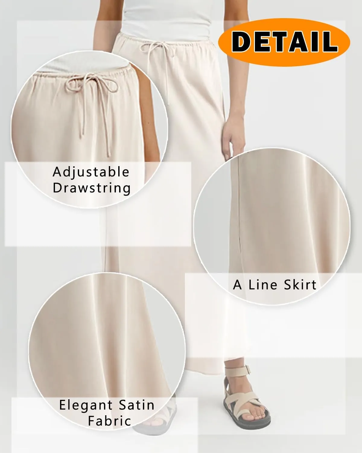 Women's Satin Maxi Skirts Drawstring High Waist Silk Elegant Flowy Casual A-Line Long Skirt for Women