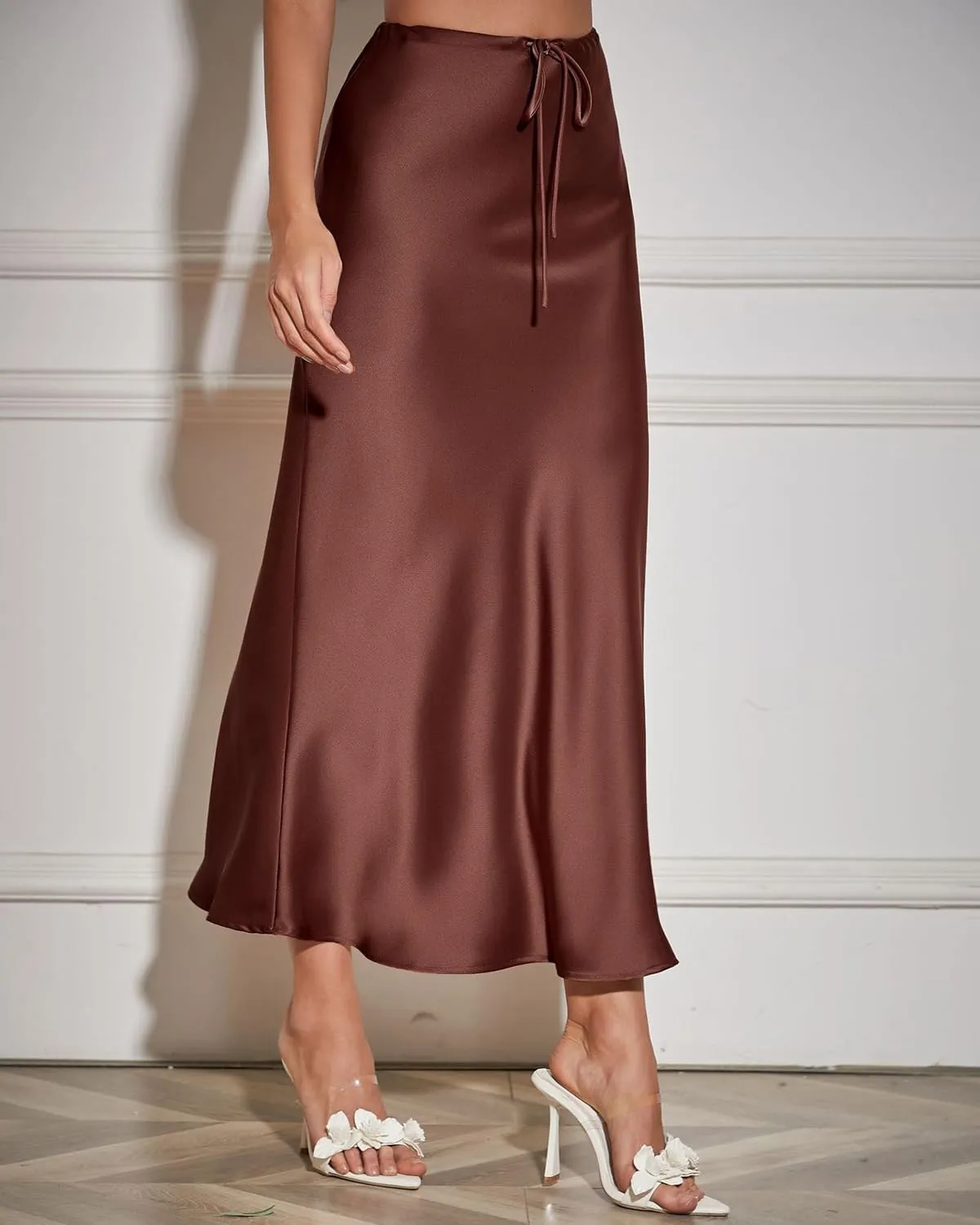 Women's Satin Maxi Skirts Drawstring High Waist Silk Elegant Flowy Casual A-Line Long Skirt for Women