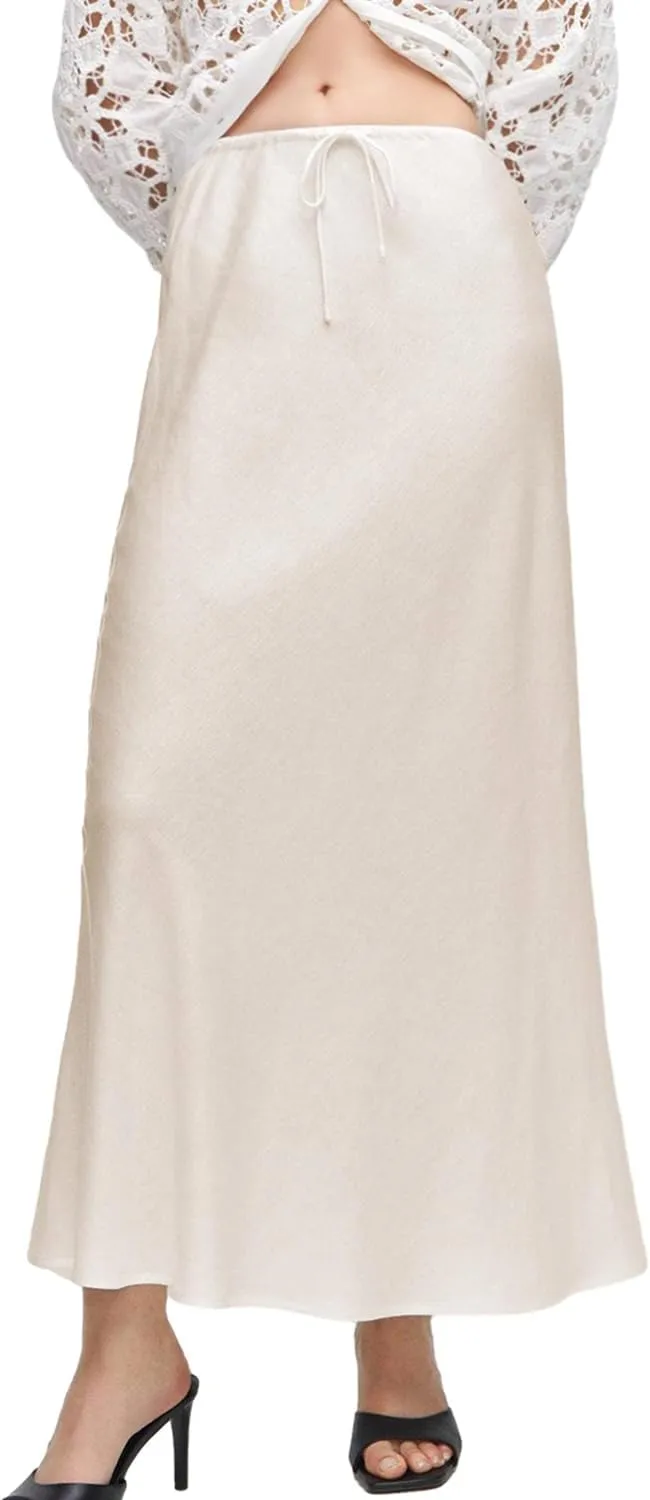 Women's Satin Maxi Skirts Drawstring High Waist Silk Elegant Flowy Casual A-Line Long Skirt for Women