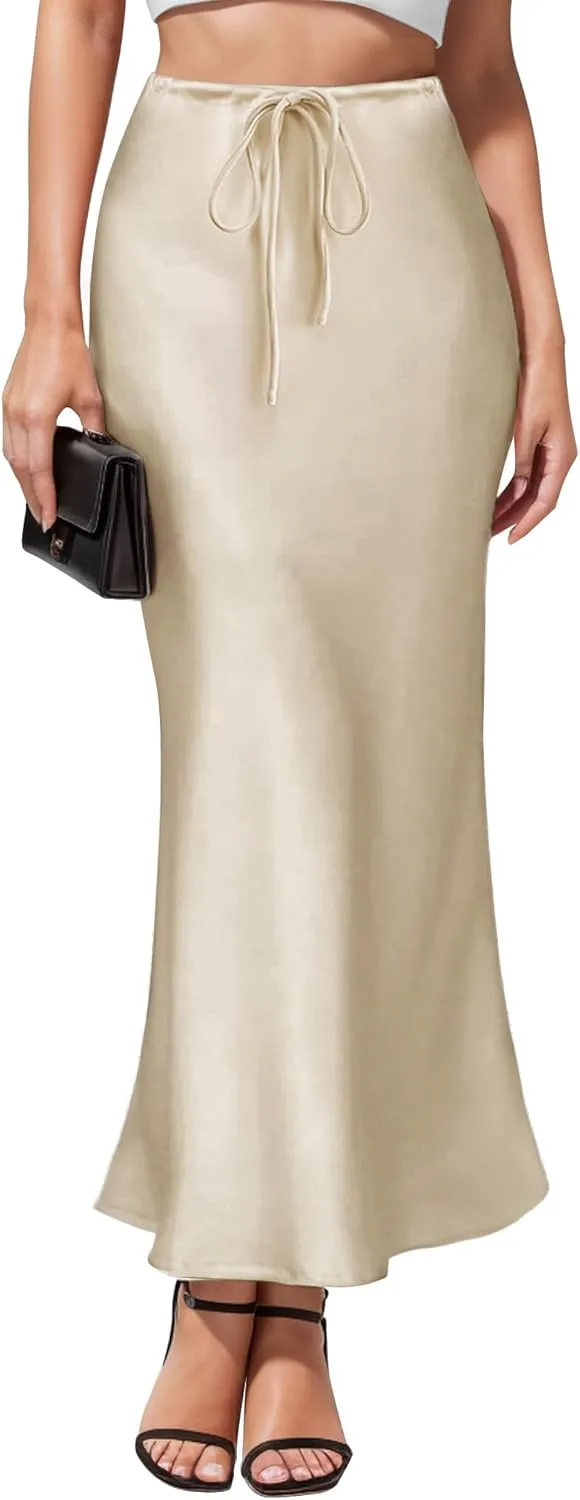 Women's Satin Maxi Skirts Drawstring High Waist Silk Elegant Flowy Casual A-Line Long Skirt for Women