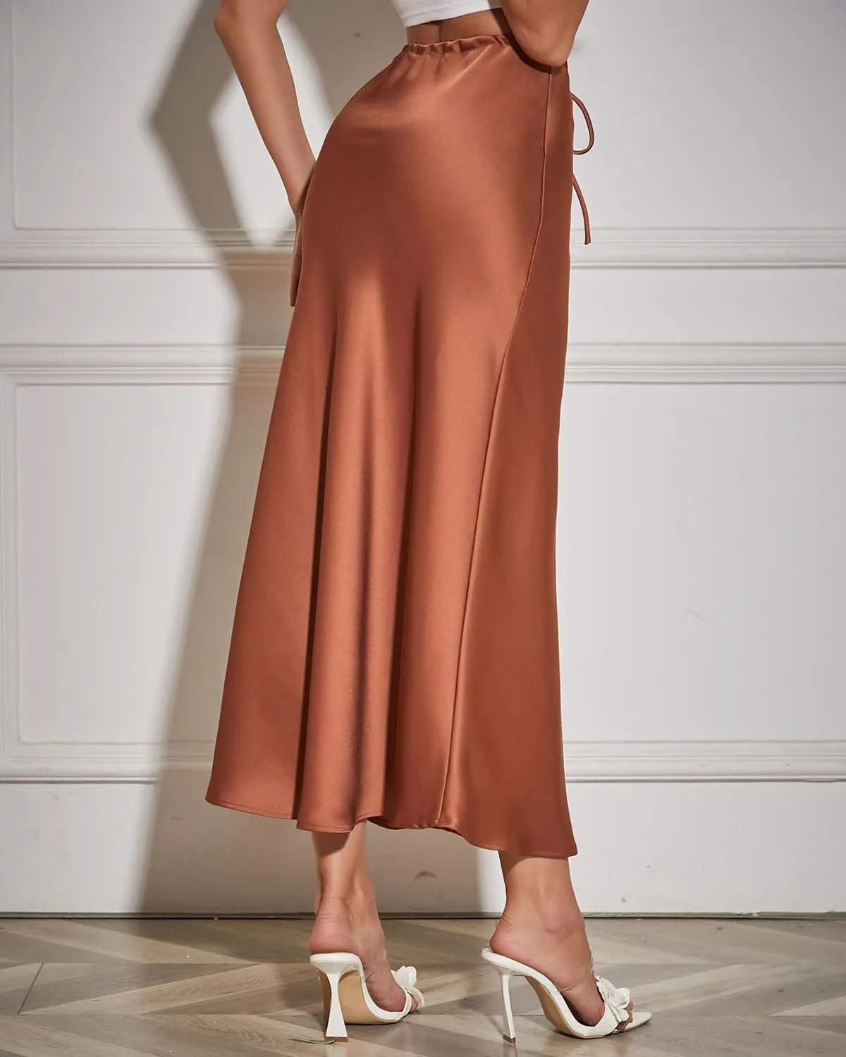 Women's Satin Maxi Skirts Drawstring High Waist Silk Elegant Flowy Casual A-Line Long Skirt for Women