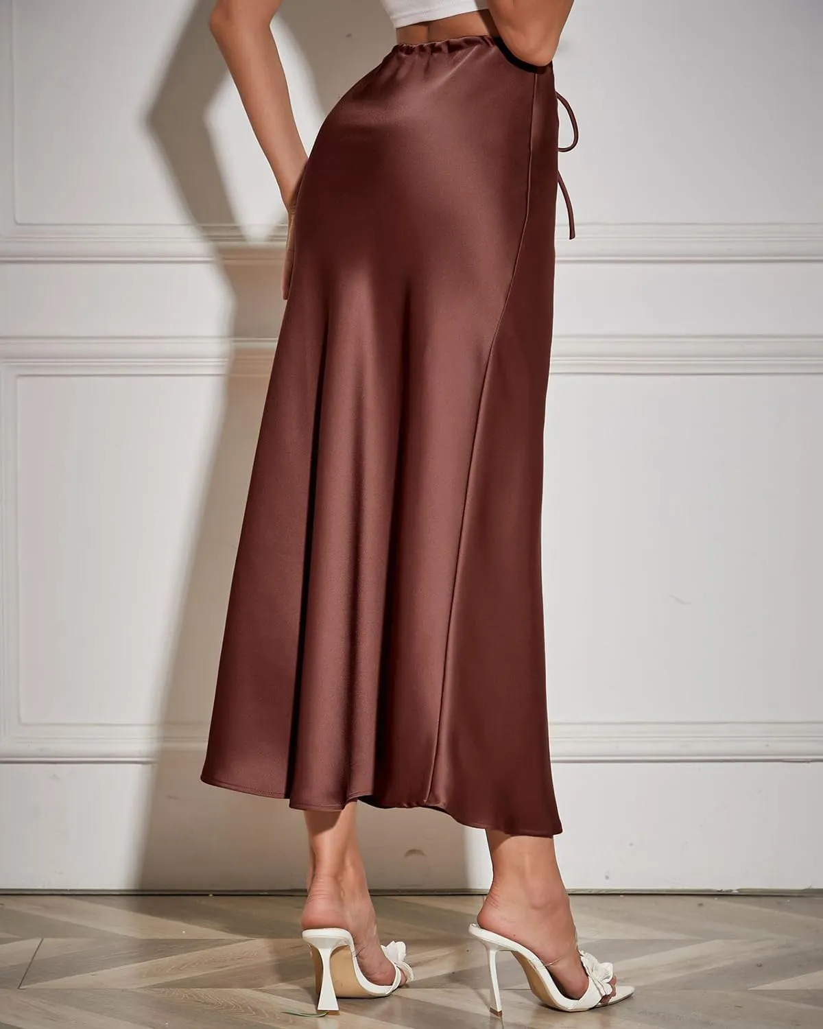 Women's Satin Maxi Skirts Drawstring High Waist Silk Elegant Flowy Casual A-Line Long Skirt for Women