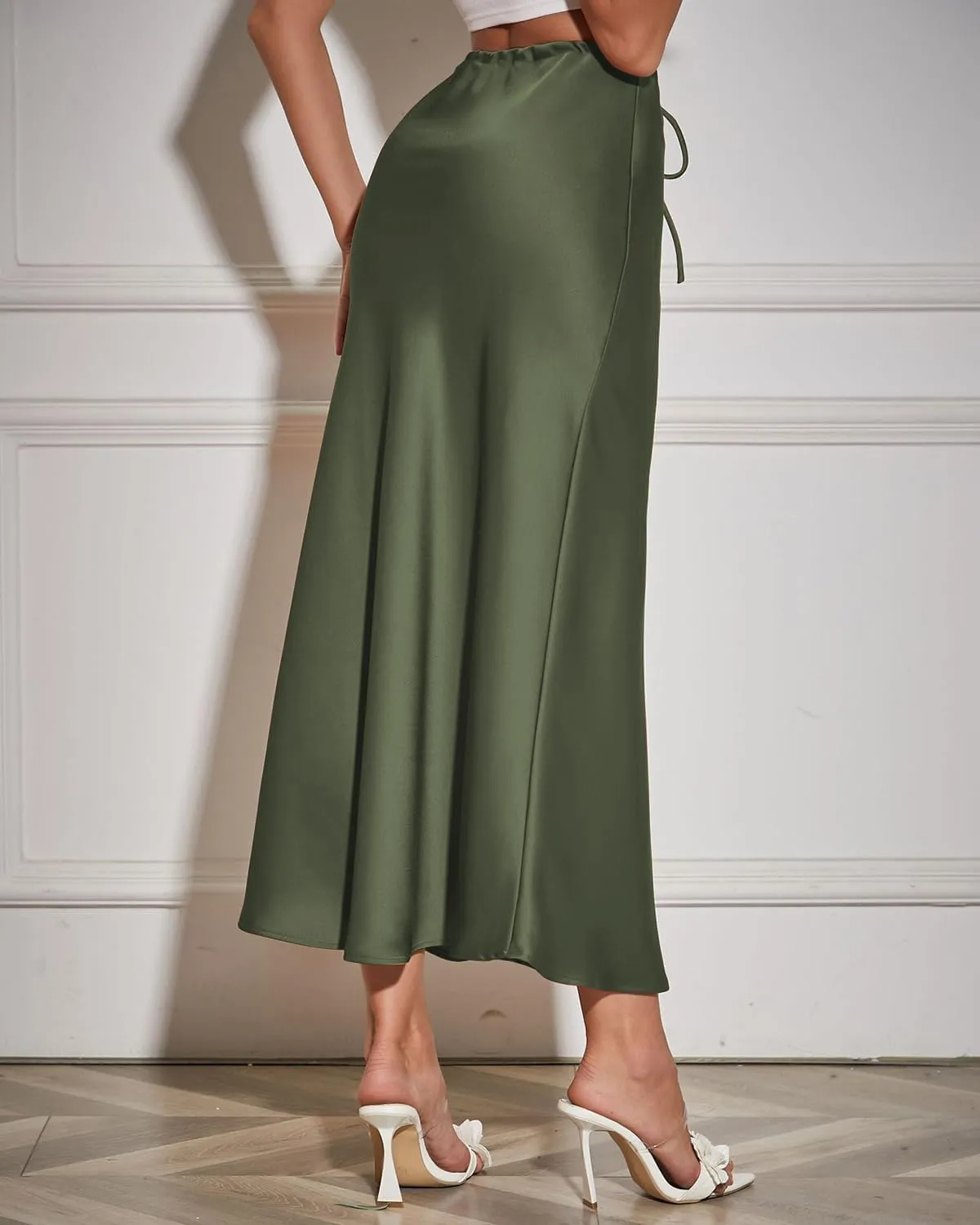 Women's Satin Maxi Skirts Drawstring High Waist Silk Elegant Flowy Casual A-Line Long Skirt for Women