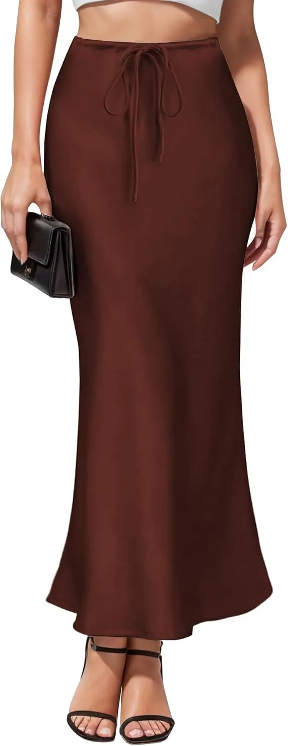 Women's Satin Maxi Skirts Drawstring High Waist Silk Elegant Flowy Casual A-Line Long Skirt for Women
