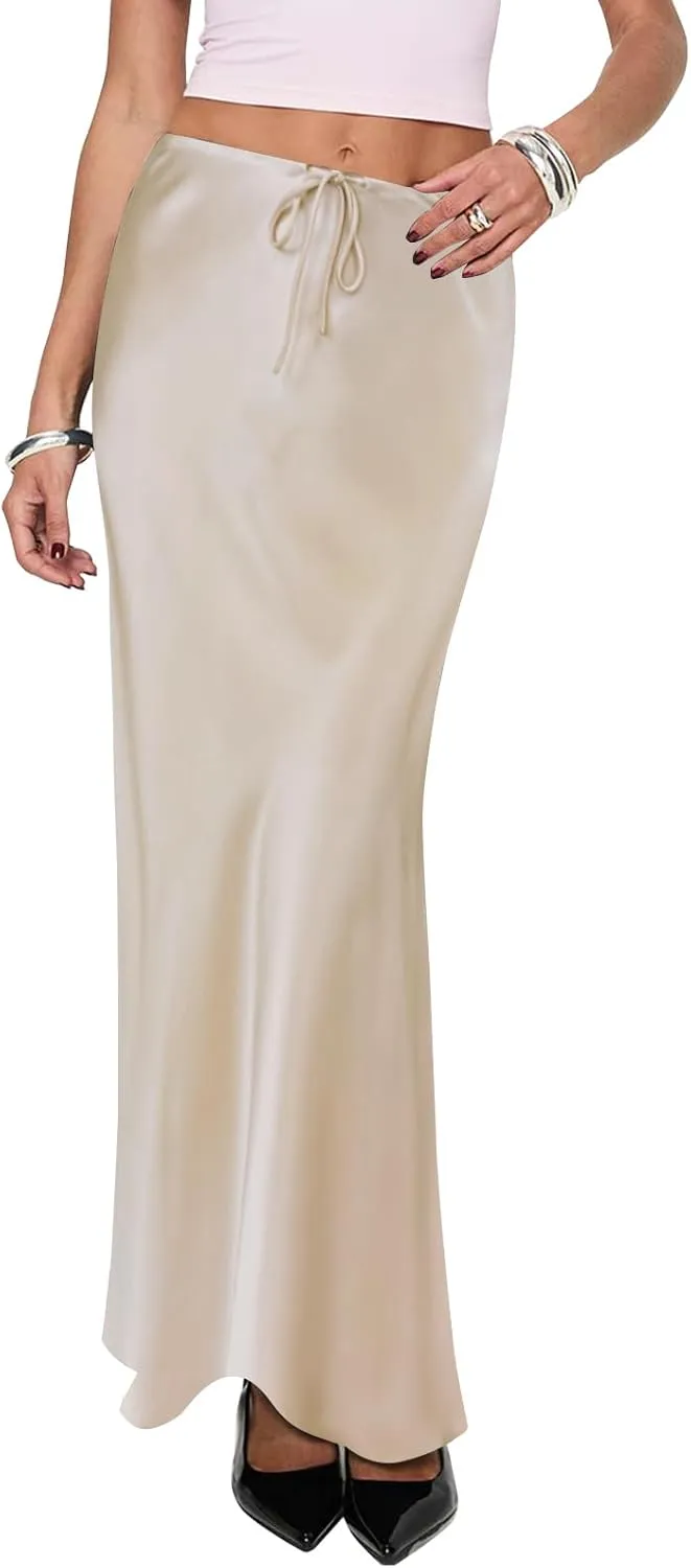 Women's Satin Maxi Skirts Drawstring High Waist Silk Elegant Flowy Casual A-Line Long Skirt for Women