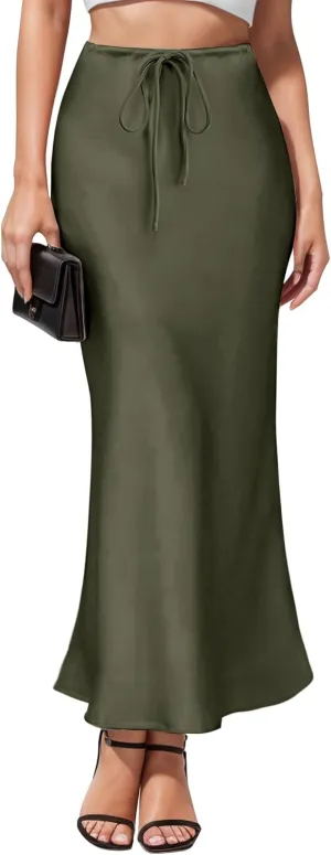 Women's Satin Maxi Skirts Drawstring High Waist Silk Elegant Flowy Casual A-Line Long Skirt for Women
