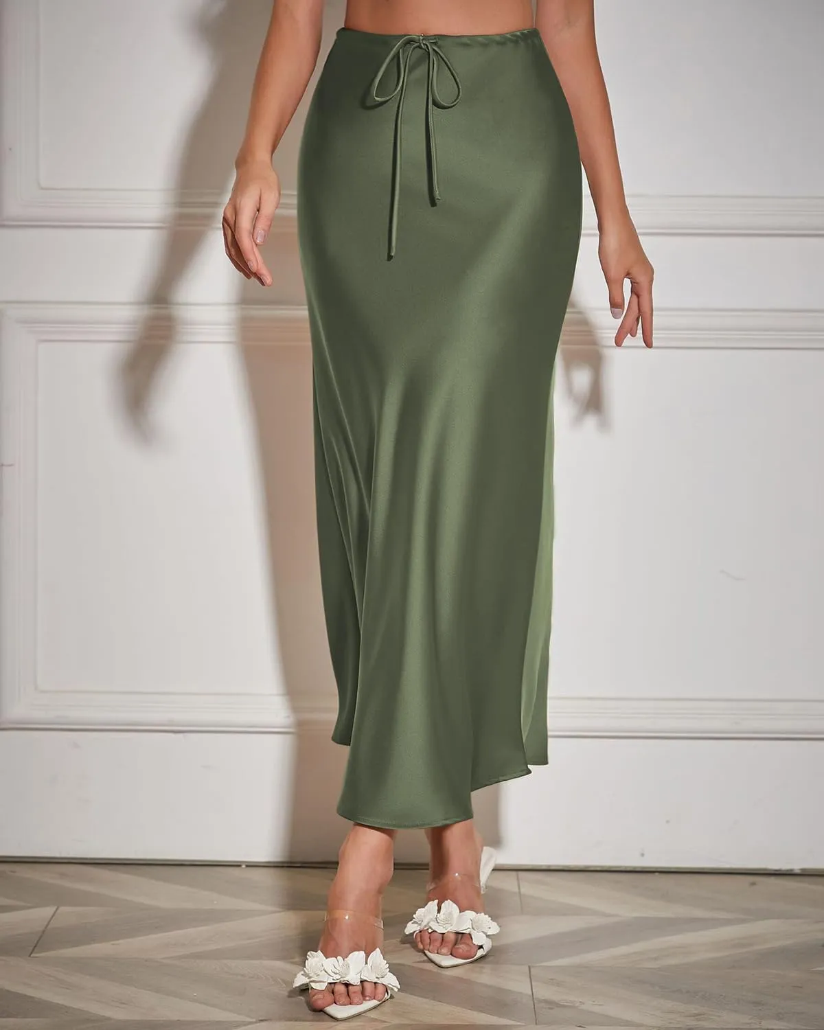 Women's Satin Maxi Skirts Drawstring High Waist Silk Elegant Flowy Casual A-Line Long Skirt for Women