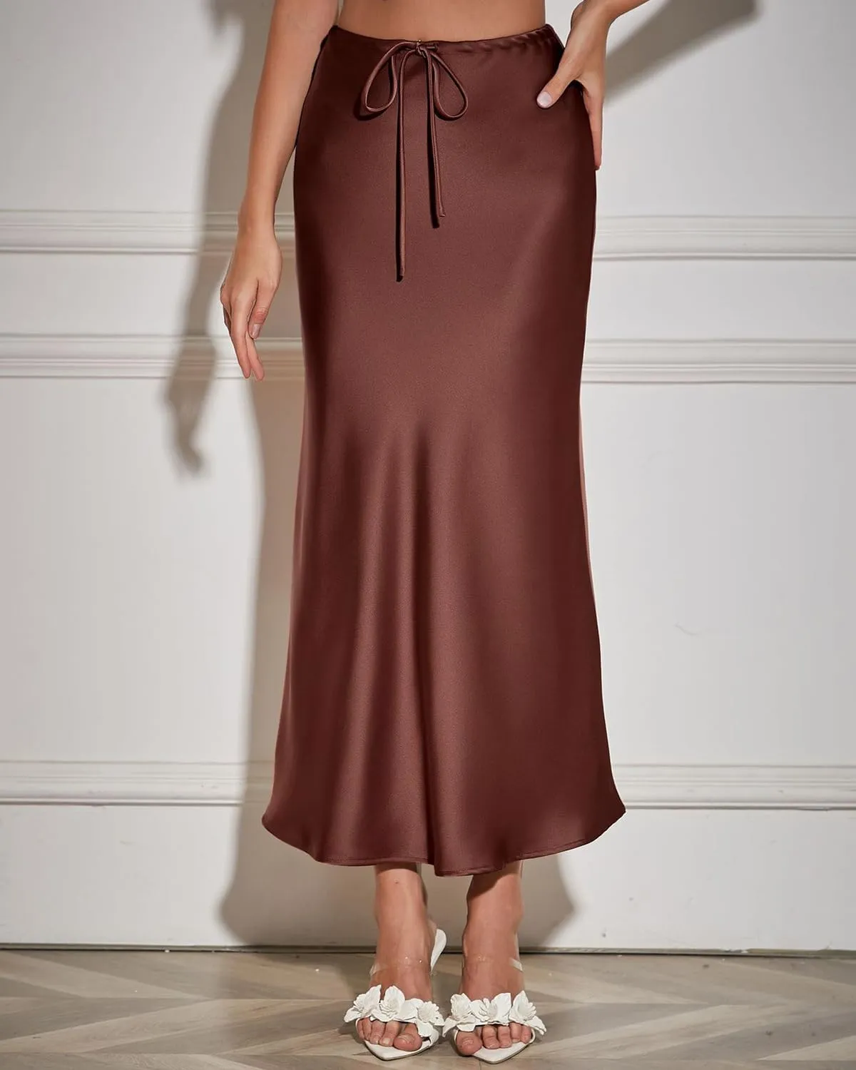 Women's Satin Maxi Skirts Drawstring High Waist Silk Elegant Flowy Casual A-Line Long Skirt for Women