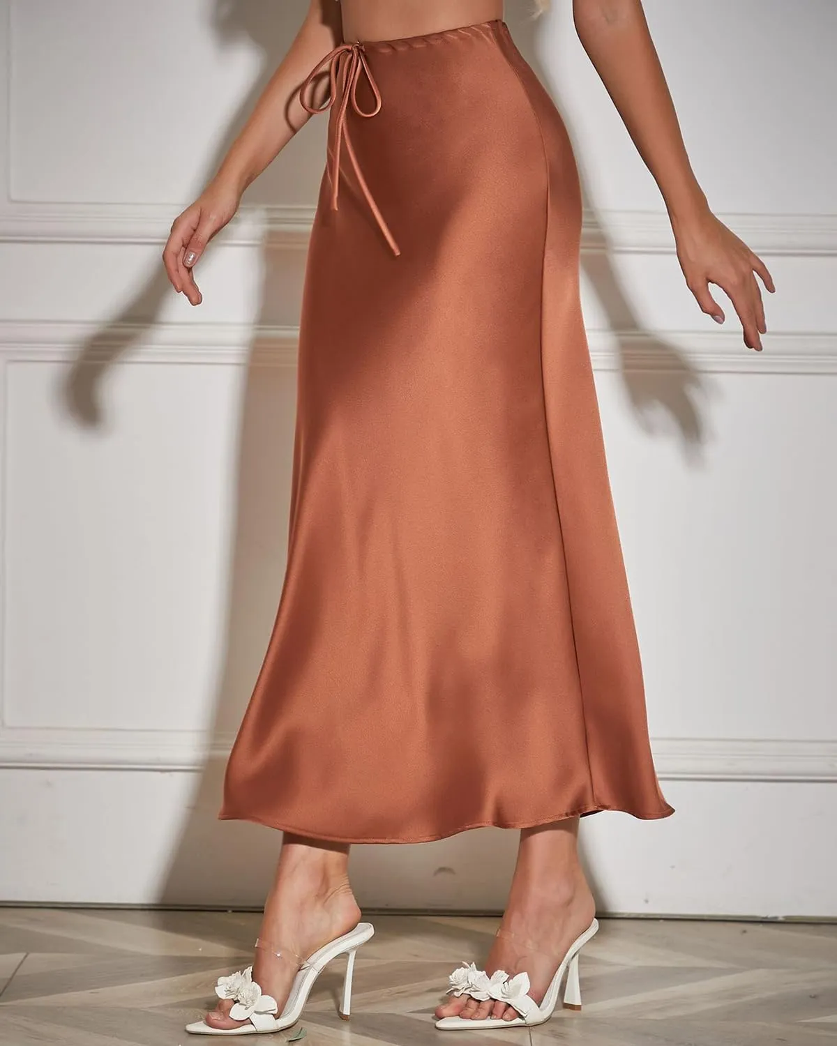 Women's Satin Maxi Skirts Drawstring High Waist Silk Elegant Flowy Casual A-Line Long Skirt for Women