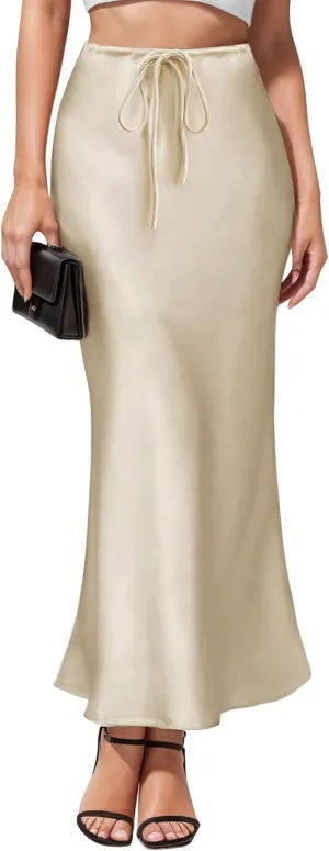 Women's Satin Maxi Skirts Drawstring High Waist Silk Elegant Flowy Casual A-Line Long Skirt for Women