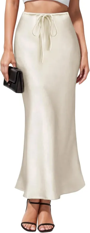 Women's Satin Maxi Skirts Drawstring High Waist Silk Elegant Flowy Casual A-Line Long Skirt for Women