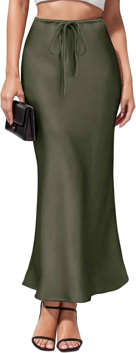 Women's Satin Maxi Skirts Drawstring High Waist Silk Elegant Flowy Casual A-Line Long Skirt for Women