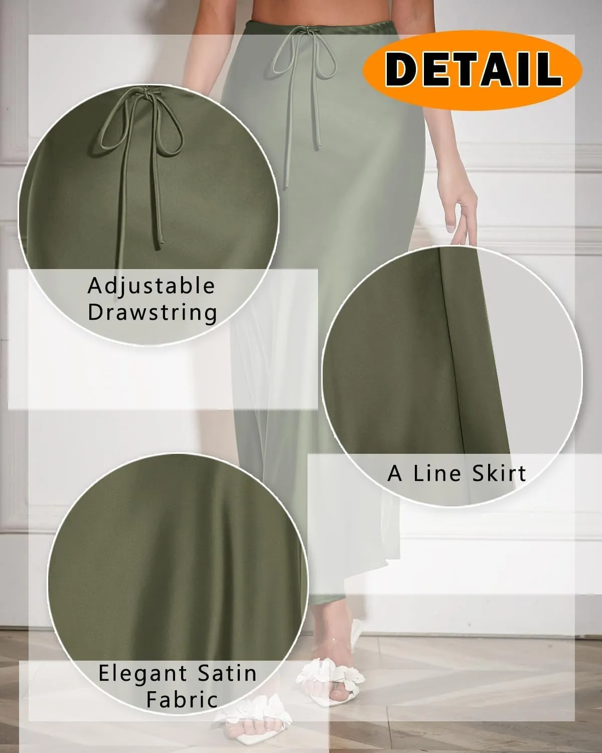 Women's Satin Maxi Skirts Drawstring High Waist Silk Elegant Flowy Casual A-Line Long Skirt for Women