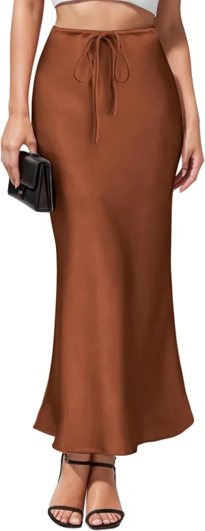 Women's Satin Maxi Skirts Drawstring High Waist Silk Elegant Flowy Casual A-Line Long Skirt for Women