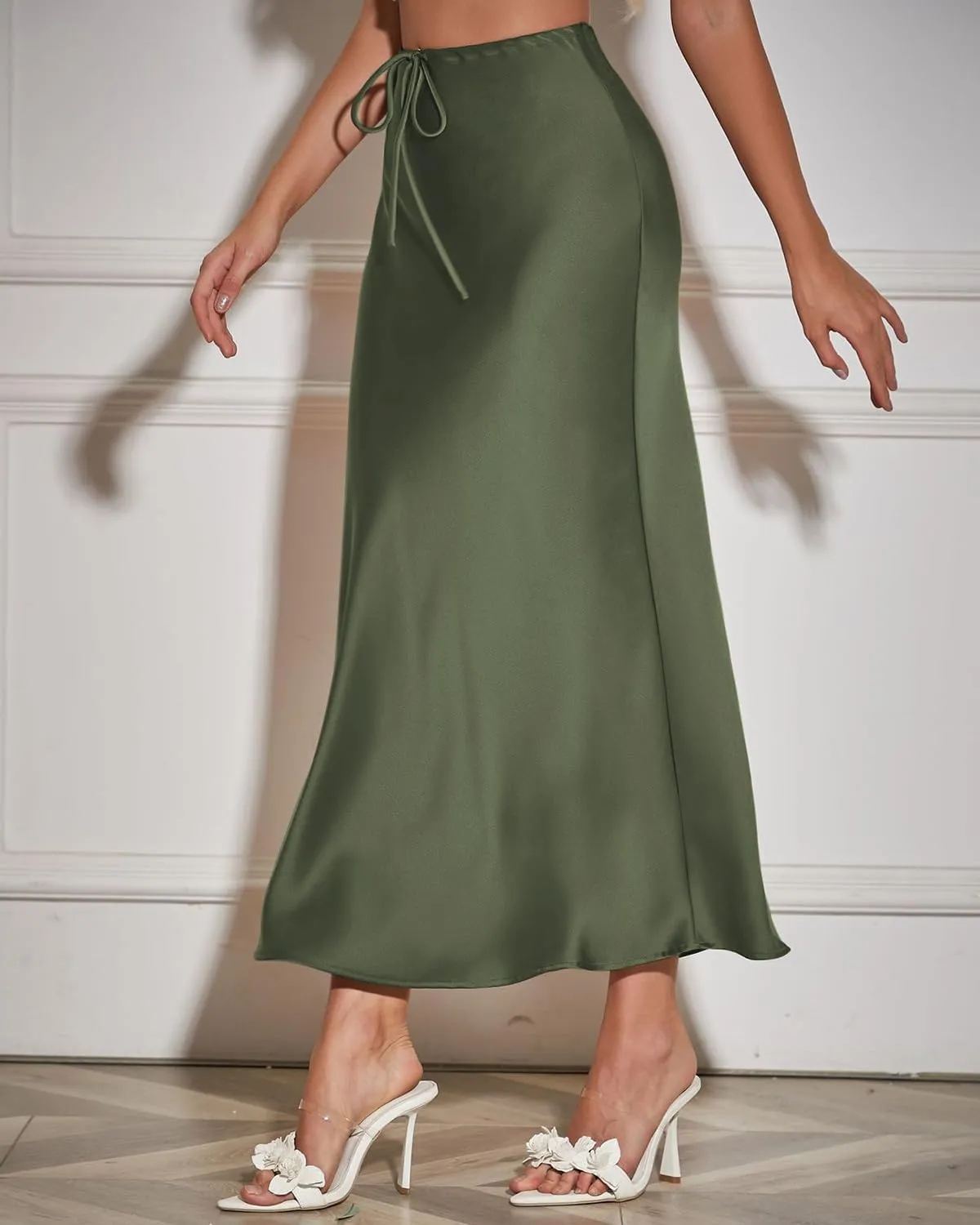 Women's Satin Maxi Skirts Drawstring High Waist Silk Elegant Flowy Casual A-Line Long Skirt for Women