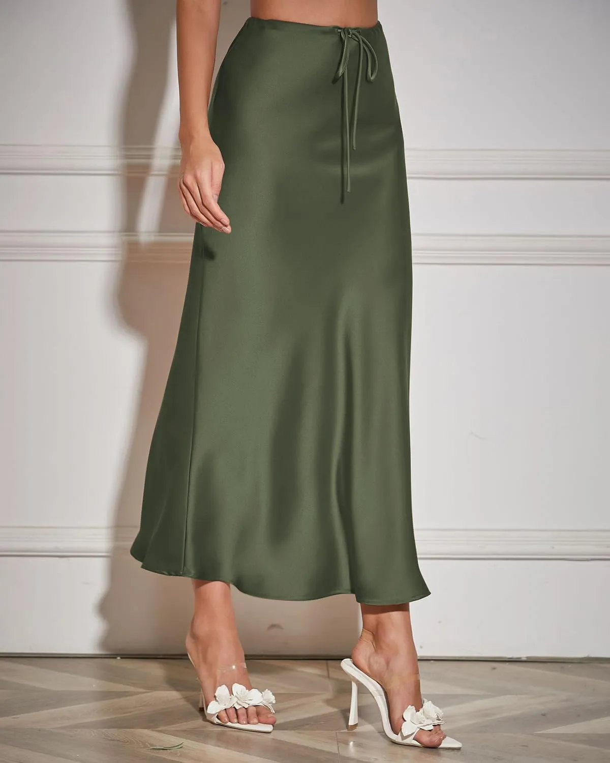 Women's Satin Maxi Skirts Drawstring High Waist Silk Elegant Flowy Casual A-Line Long Skirt for Women
